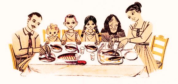 Εικόνα οικογένειας που τρώει στο τραπέζι, από το παλιό αναγνωστικό του Δημοτικού
